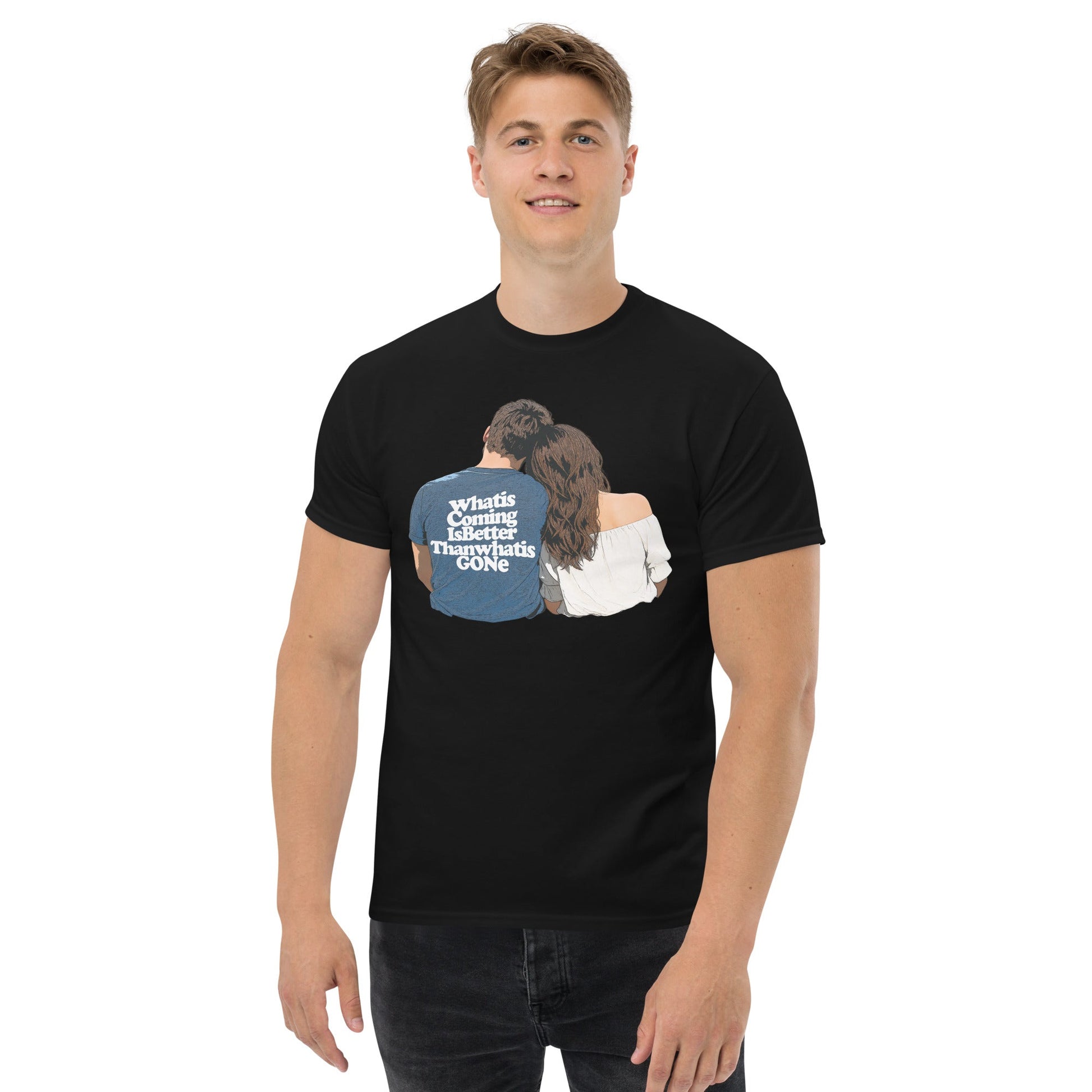 Person wearing a black t-shirt with a graphic design on a white background